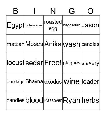 Passover Bingo Card