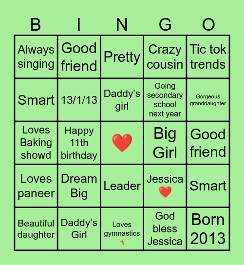 Jessica 11 birthday Bingo Card