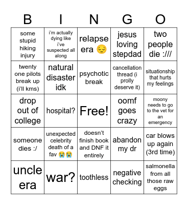 Matt’s Disasters of 2024 Bingo Card