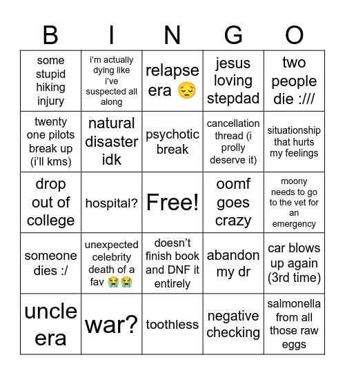 Matt’s Disasters of 2024 Bingo Card