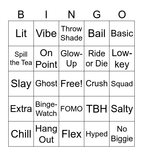 English Slang Bingo! Bingo Card
