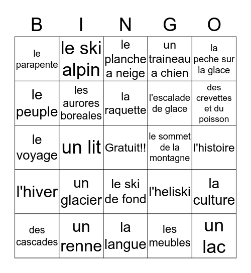 Destinations d'hiver Bingo Card
