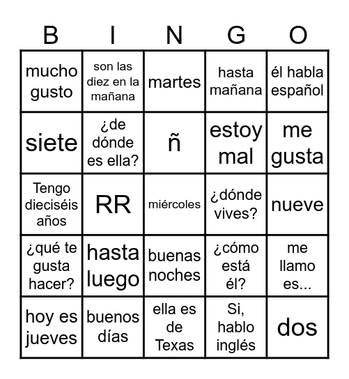 Vocabulario Bingo Card