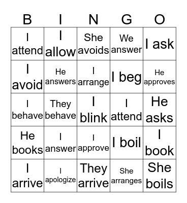 Regular Verbs Bingo Card