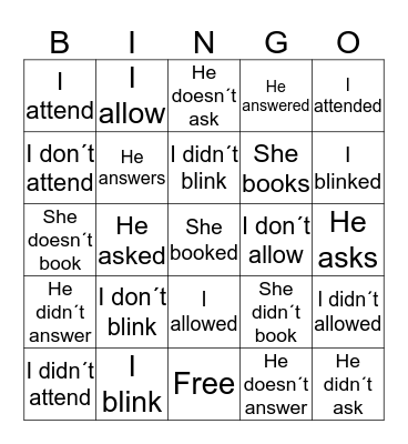 Regular Verbs Negatives (Past & Present) Bingo Card