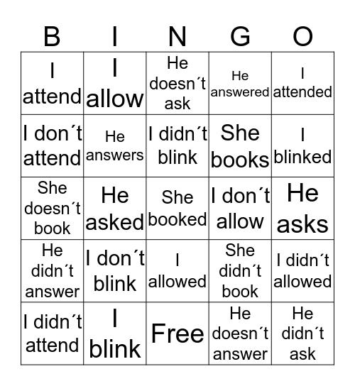 Regular Verbs Negatives (Past & Present) Bingo Card