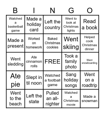 Winter Break Bingo Card