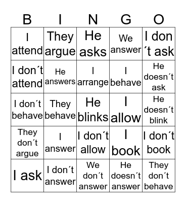 Regular Verbs Bingo Card