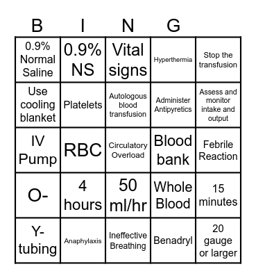 Blood Administration Bingo Card