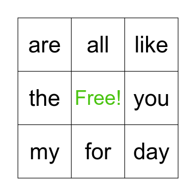 Sight Words Bingo Card