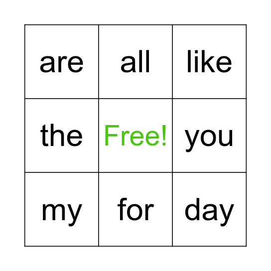 Sight Words Bingo Card