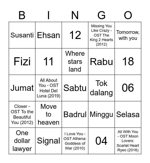 Pacarnya soobin Bingo Card