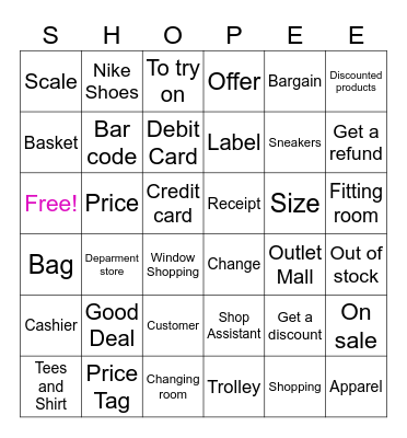 SHOPPING VOCABULARY Bingo Card