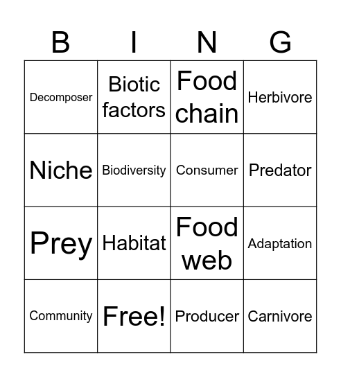 Ecosystems Introduction Bingo Card
