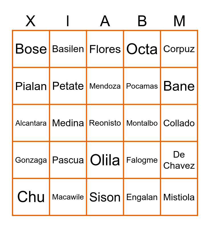 XI ABM TANGERINE BINGO Card
