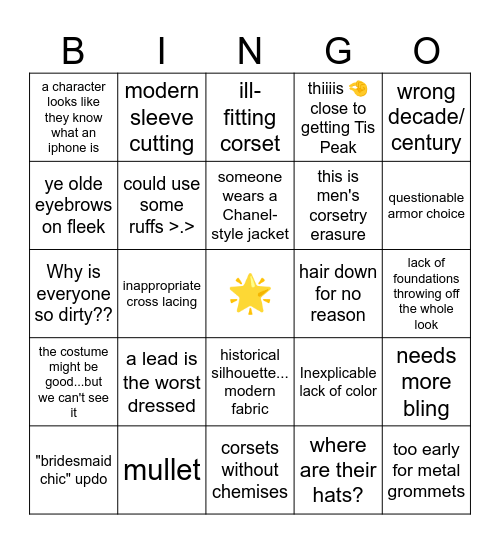 Historical Costume Sins 2023 Bingo Card