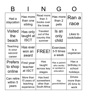 Back to School Bingo Card