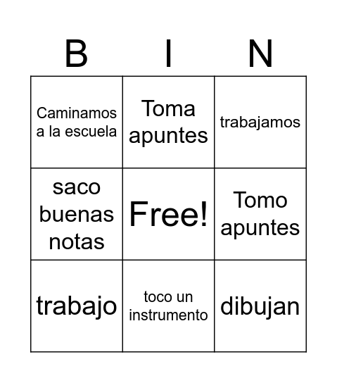 El presente -ar verbs Bingo Card