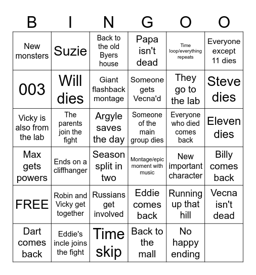 Stranger Things Season 5 Bingo Card