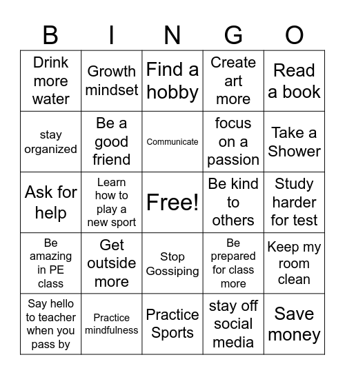 New Year's Resolutions Bingo Card