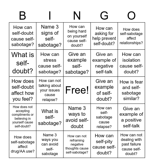 Self-Sabotage Addiction Bingo Card