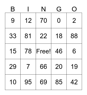 Number Bingo Card