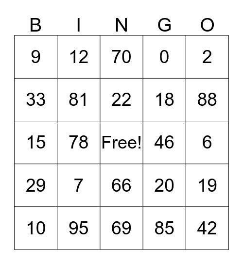 Number Bingo Card