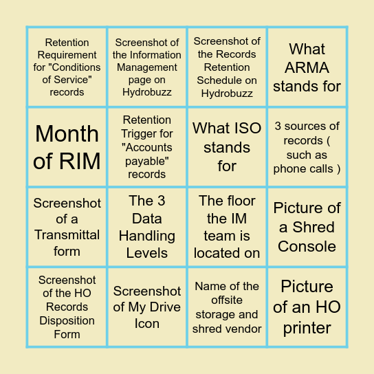 Records and Information Management Month BINGO Card