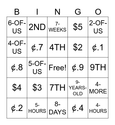 Numbers Bingo Card