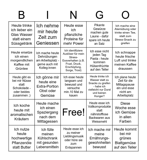 Gesunder Lebensstil - Stress und Ernährung Bingo Card