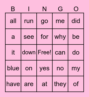 sight words Bingo Card