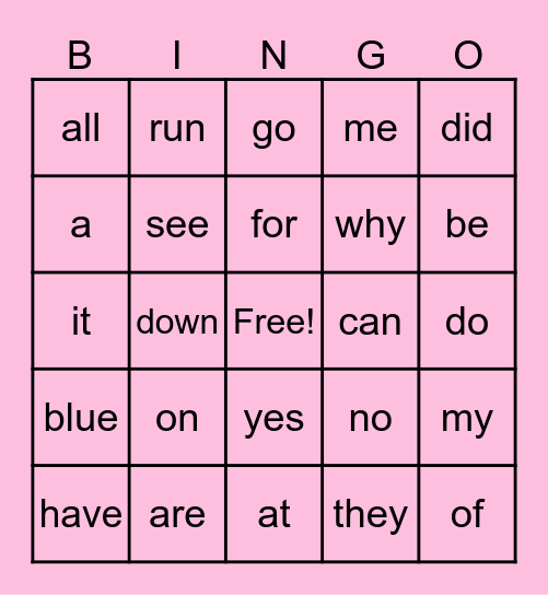 sight words Bingo Card