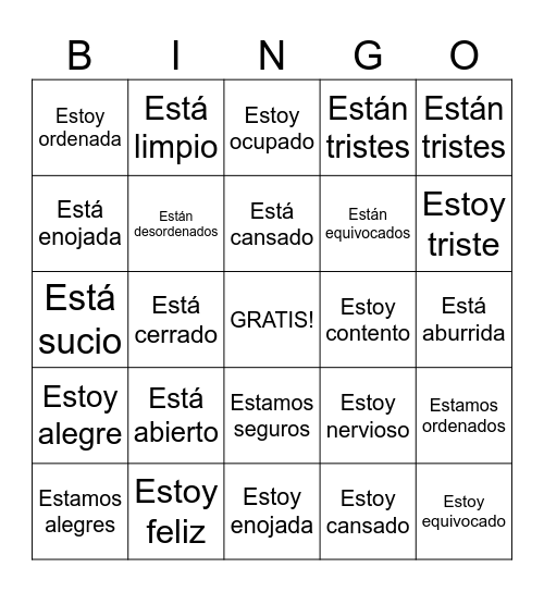 The verb estar Bingo Card