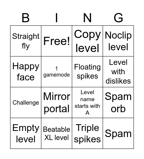 Geometry dash recent tab Bingo Card