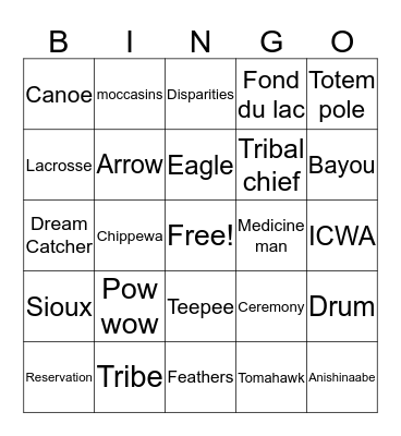 Native American Bingo Card