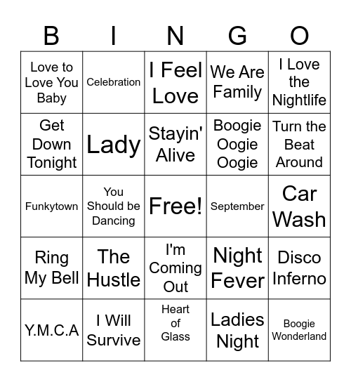 Disco Music Bingo 1 Bingo Card