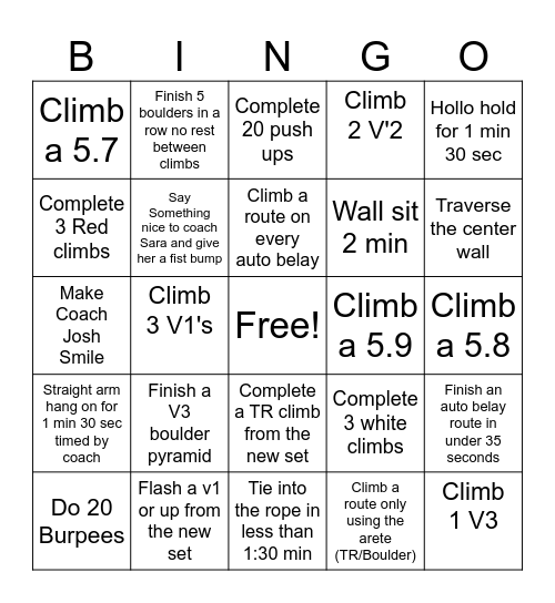 Climbing Bingo Card