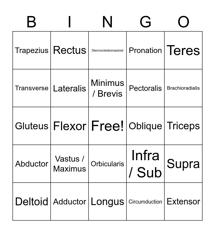 Muscle Naming Bingo Card
