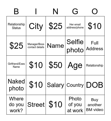 Blackmail Bingo Card
