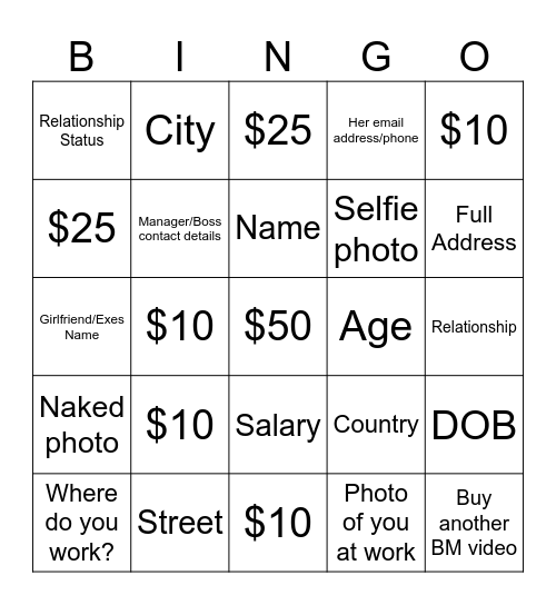 Blackmail Bingo Card