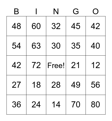 Multiplication Bingo Card