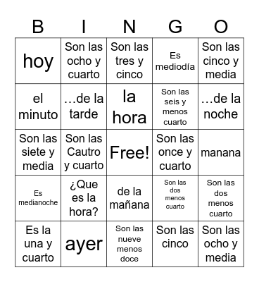 Spanish Times & Vocab Bingo Card
