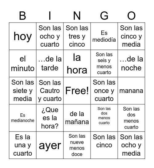 Spanish Times & Vocab Bingo Card