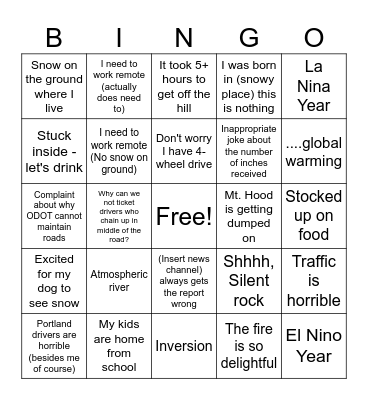 It might snow in Portland Bingo Card