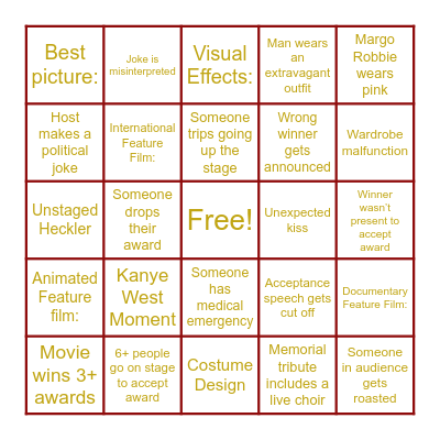 Oscars Bingo Card