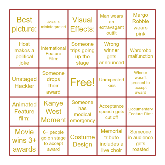 Oscars Bingo Card