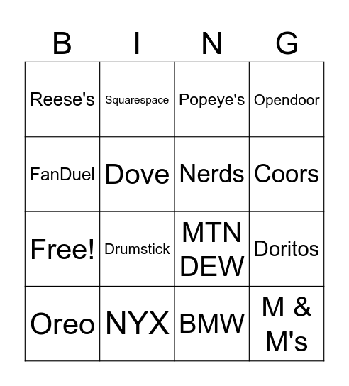 LVIII COMMERCIALS Bingo Card