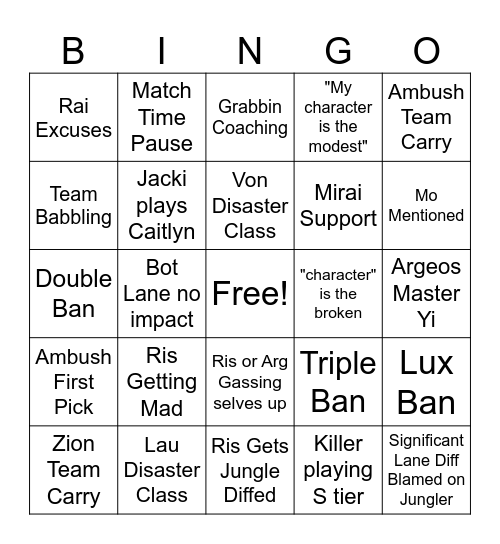 Luminary League Bingo Card