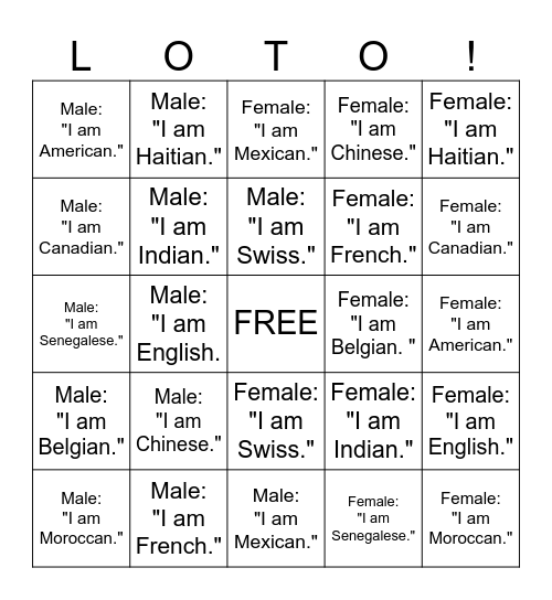 Les Nationalités- Masculin/Feminin Bingo Card