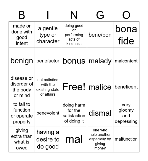 Latin Root Word Bingo: Bene/Bon and Mal Bingo Card